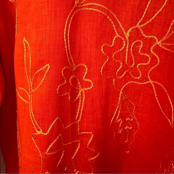 Josephine Chaus Blouse Linen Embroidered Vibrant Orange Shirt Button Up Size 8 - Picture 6 of 13